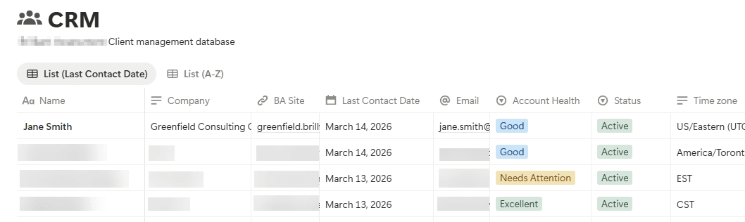 Notion CRM database view showing customer records with health indicators and contact dates
