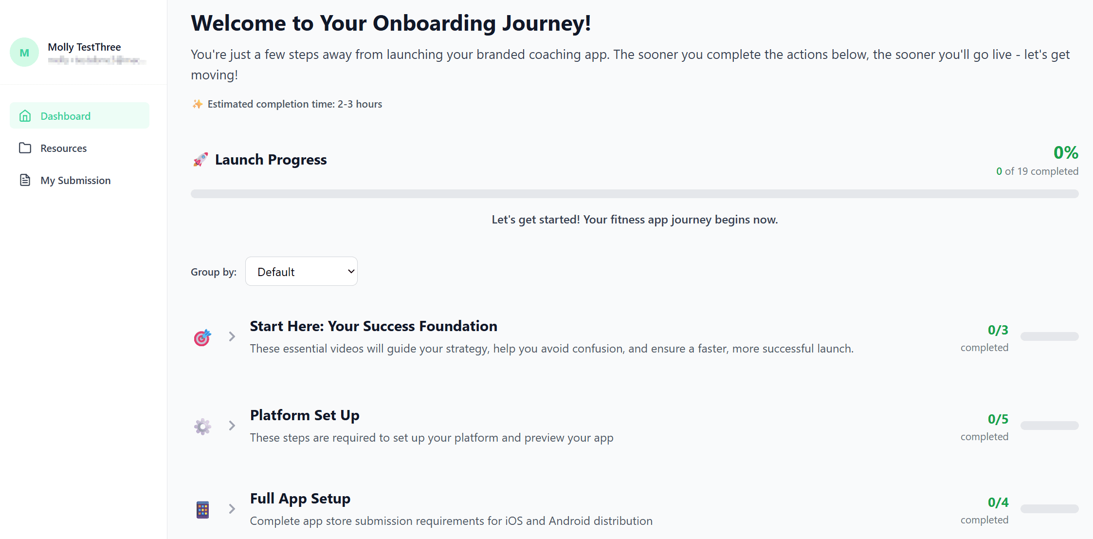 Onboarding dashboard showing task sections organized by phase with progress tracking